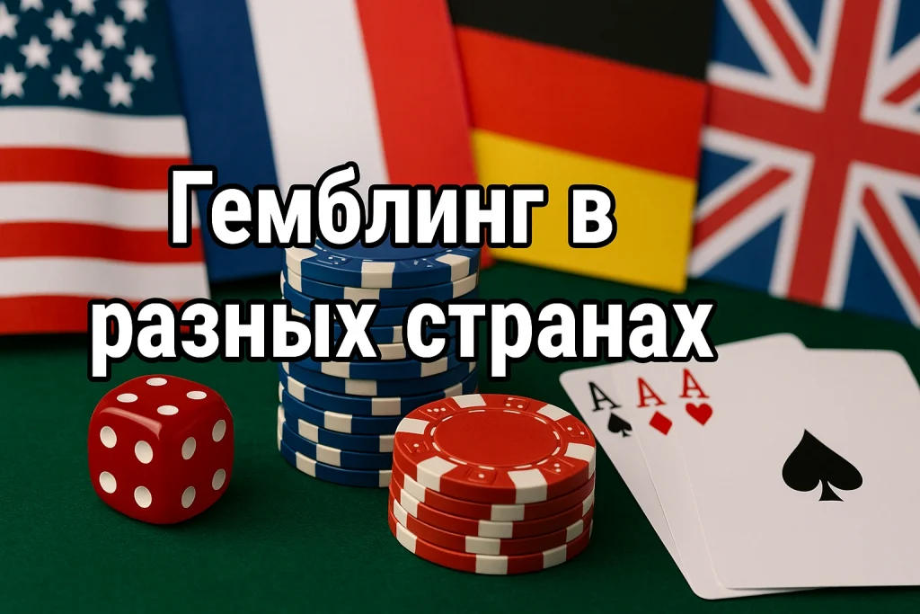 Покерные фишки, карты и кости на фоне флагов разных стран — визуализация темы «Гемблинг в разных странах»
