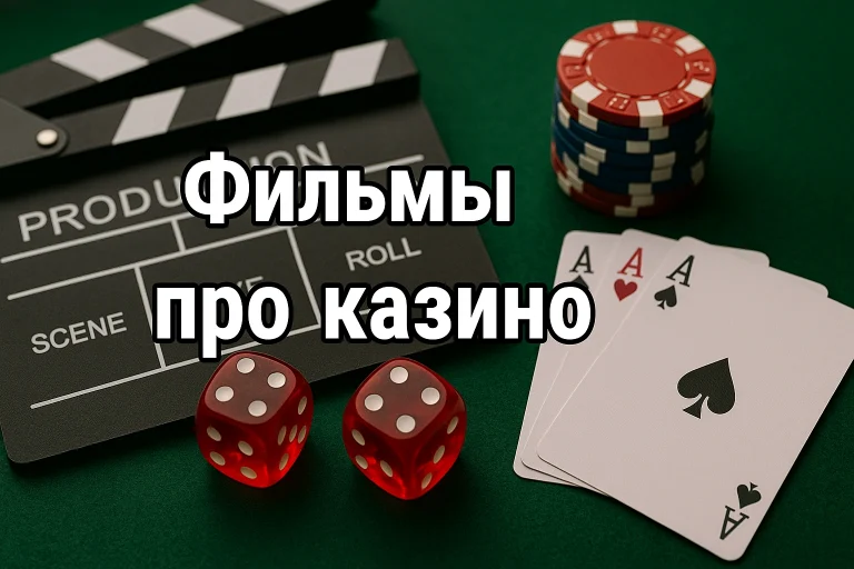 Кинохлопушка, игральные кости, карты и фишки на зелёном столе — визуализация темы «Фильмы про казино»