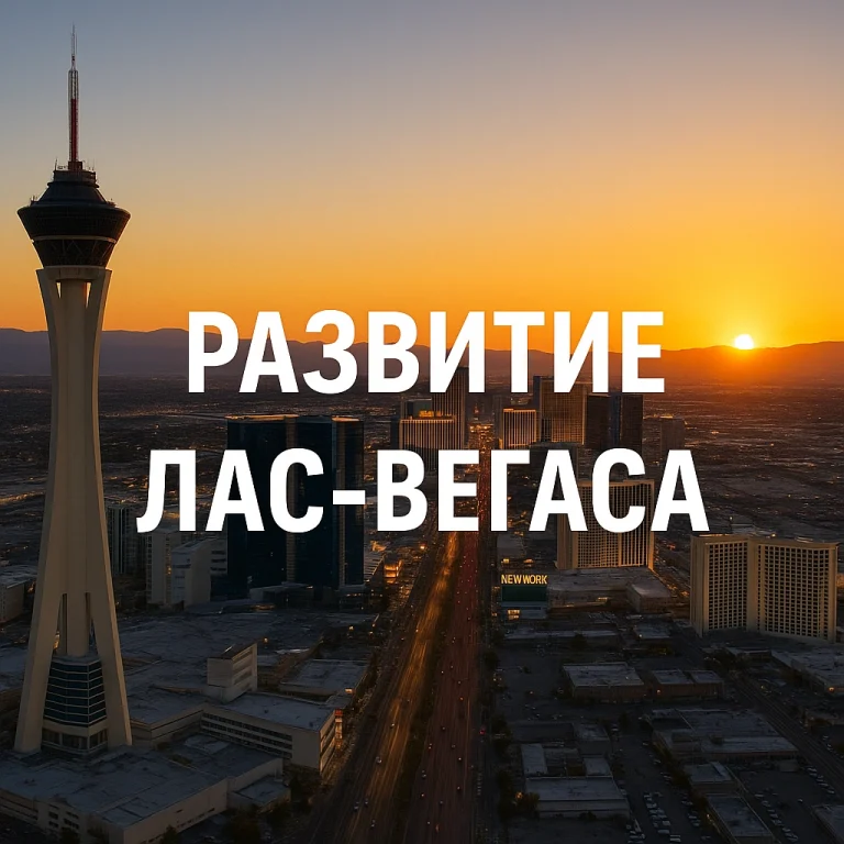 Закат над Лас-Вегасом с видом на Стратосферу и подписью 'Развитие Лас-Вегаса