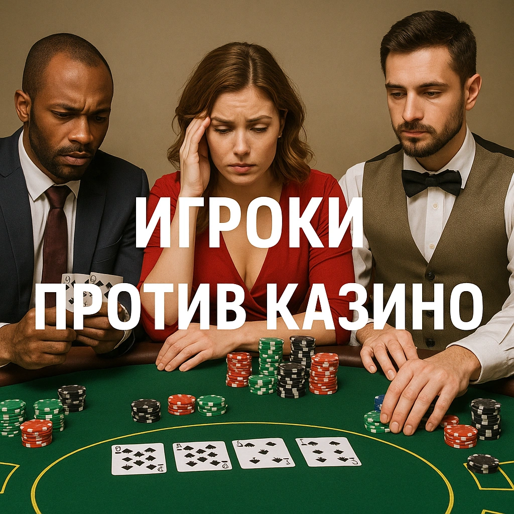 Игроки за покерным столом против казино с напряжёнными лицами и надписью 'Игроки против Казино