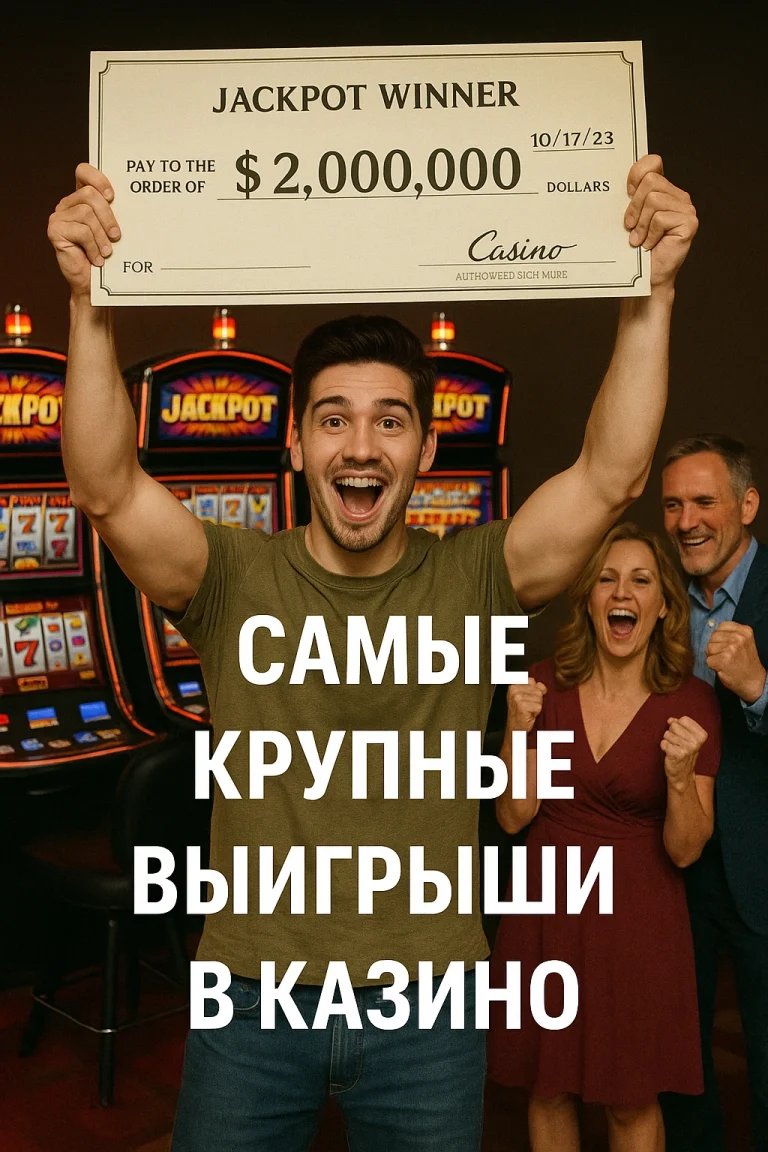 Счастливый победитель с большим чеком на фоне игровых автоматов и подписью 'Самые крупные выигрыши в казино