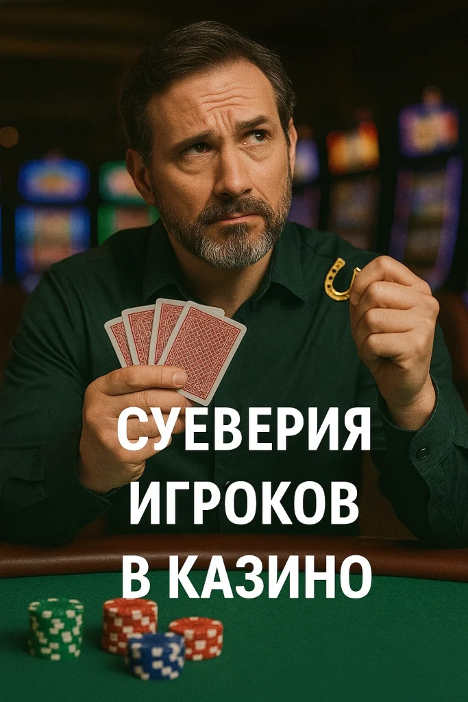 Игрок с картами и подковой в руках, сидящий за казино-столом с подписью 'Суеверия игроков в казино'