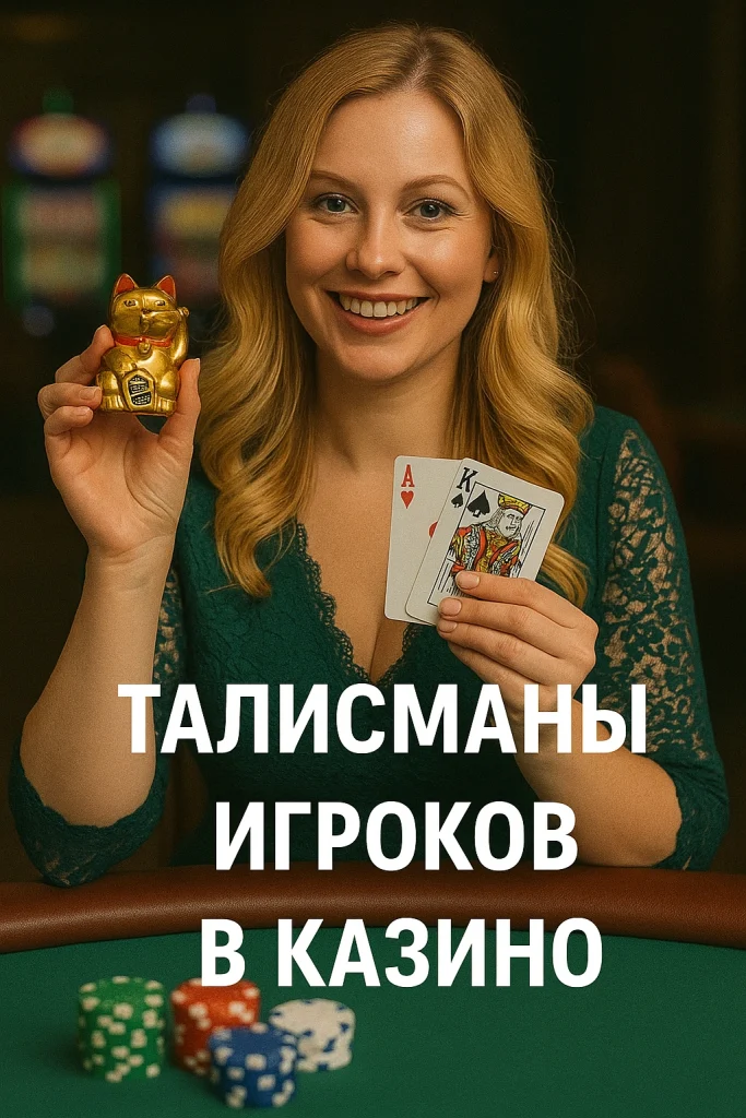 Улыбающаяся женщина с золотым манэки-нэко и картами туз и король, сидящая за казино-столом с подписью 'Талисманы игроков в казино